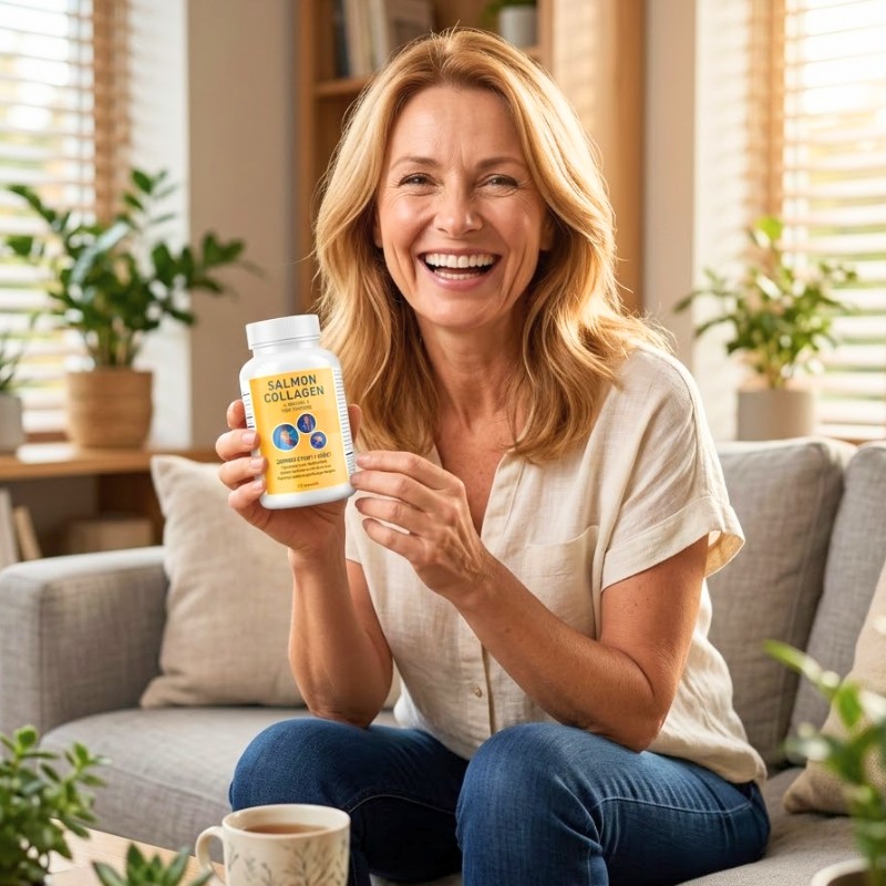uśmiechnięta kobieta ok 50 lat z opakowaniem Salmon Collagen w salonie